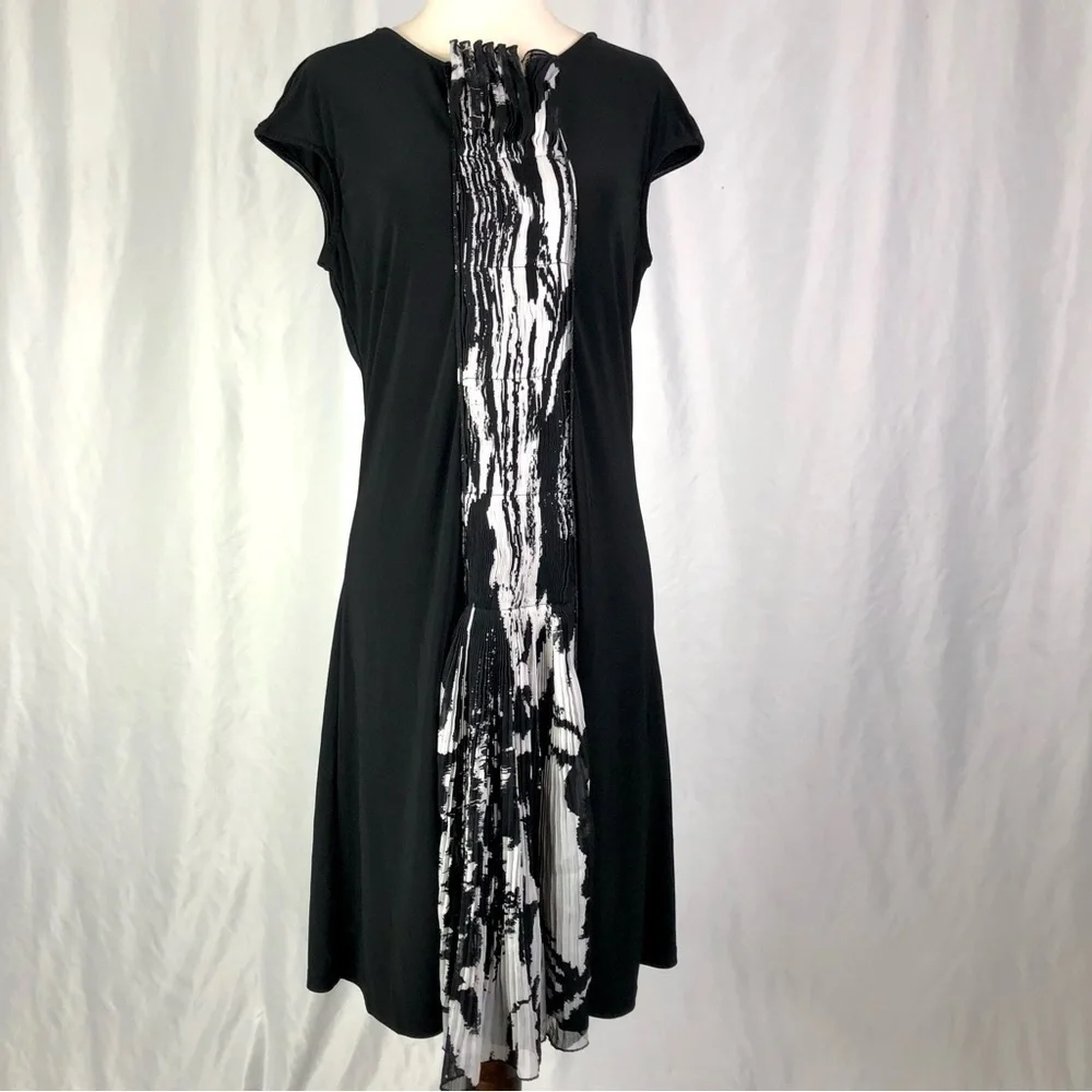 Samuel Dong pleated chiffon front dress stretch jersey cap sleeve black white M - Picture 1 of 10